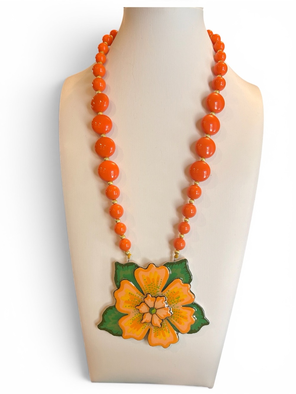 Echo & Hara Handcrafted Orange Bead Necklace with Flower Pendant